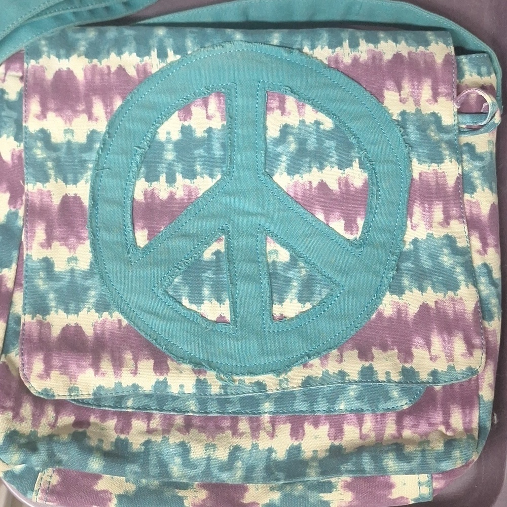 Colorful Tie-Dye Peace Sign Shoulder Bag Purple and Blue Satchel